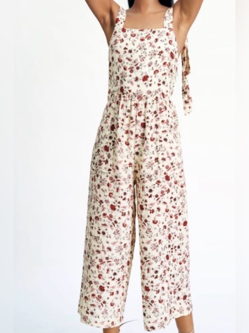 Cream Jumpsuit with Red Rose Floral Print